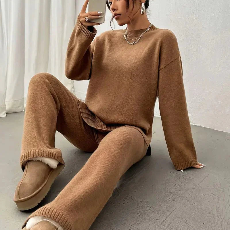 Relaxed Knit Lounge Set with Sweater and Wide Leg Pants