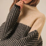 Chevron Pattern High Neck Knit Sweater with Relaxed Fit