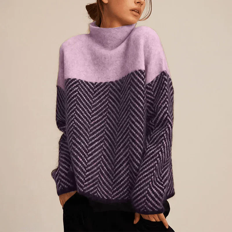 Chevron Pattern High Neck Knit Sweater with Relaxed Fit
