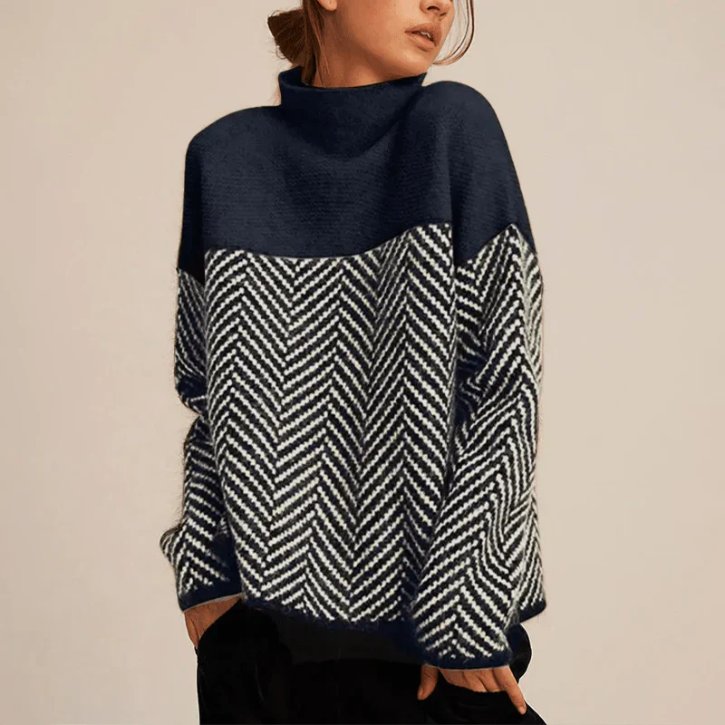 Chevron Pattern High Neck Knit Sweater with Relaxed Fit