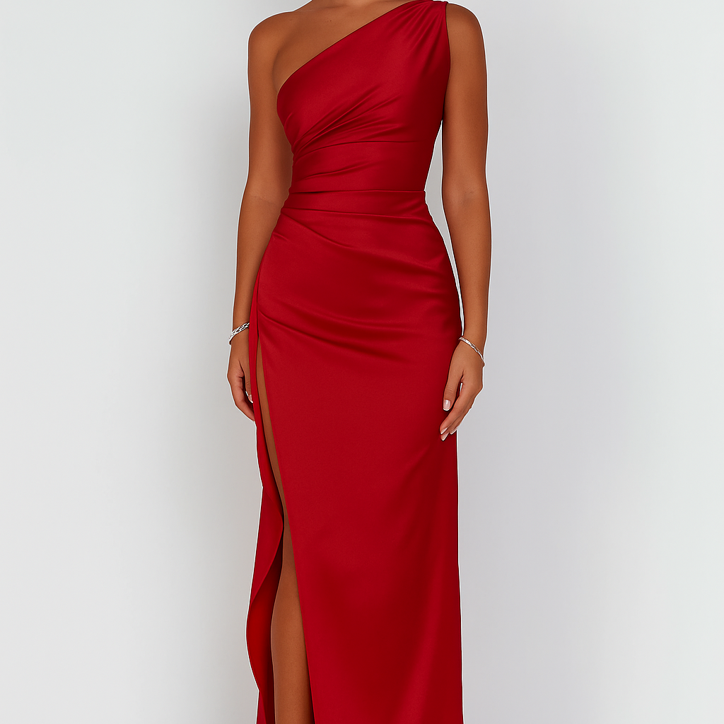One Shoulder Evening Gown with Draped Fit and High Slit