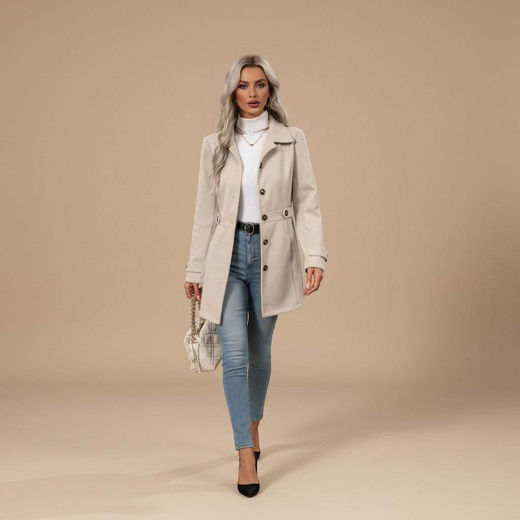 Yemelia beige tailored mid-length coat with button front, classic collar, and adjustable waist belt. Made from a structured fabric.