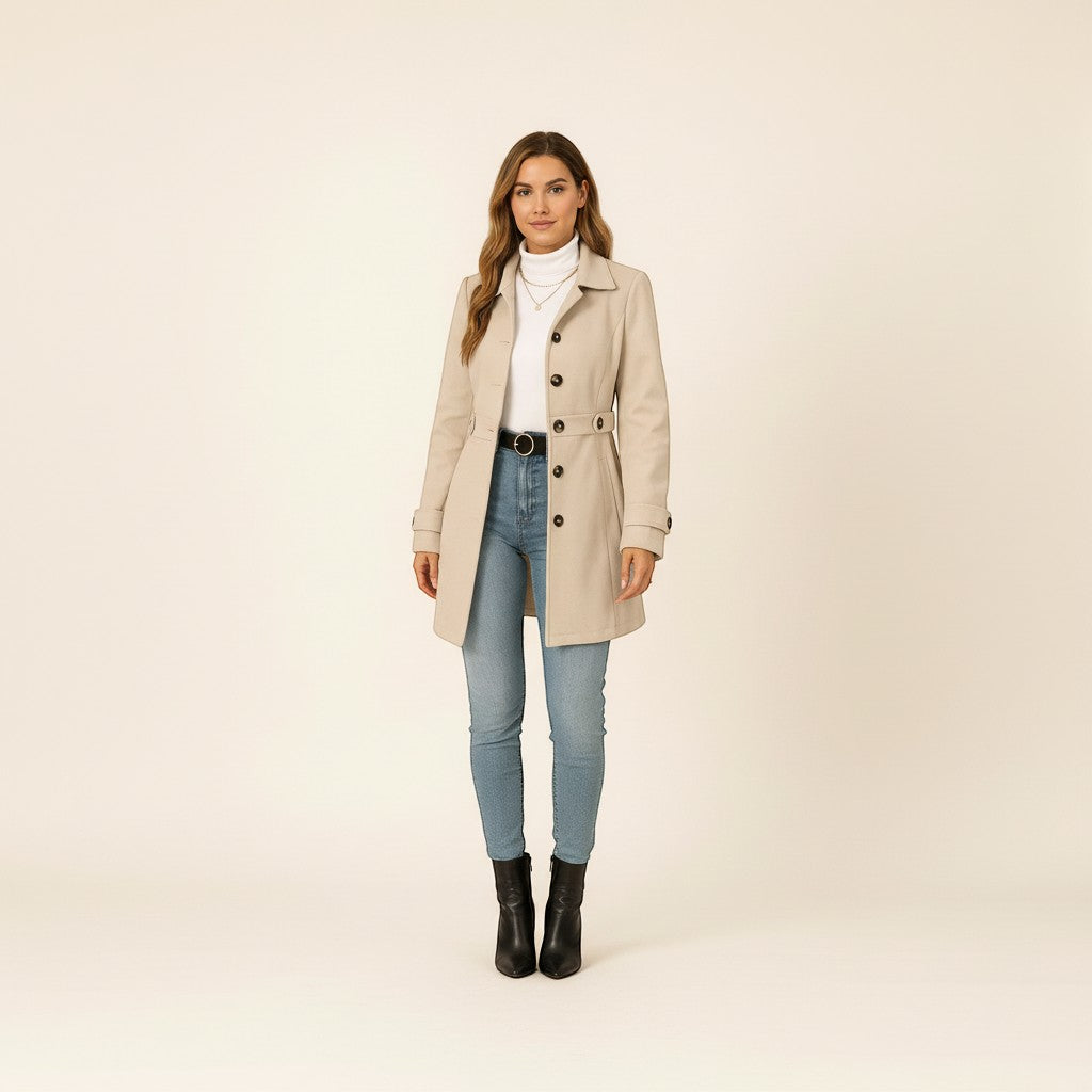 Yemelia beige tailored mid-length coat with button front, classic collar, and waist belt. Made from a structured fabric.