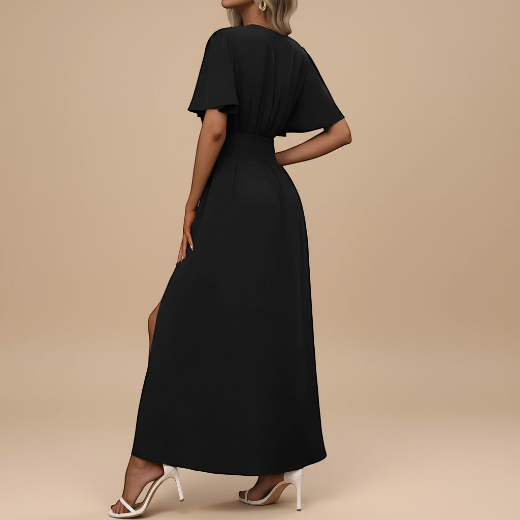 Yemelia black V neck flutter sleeve maxi dress with defined waist and side slit