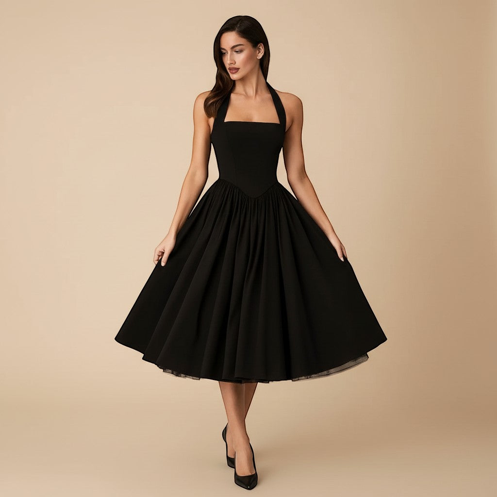 Yemelia black halter neck fit and flare midi dress with a structured bodice and full skirt.