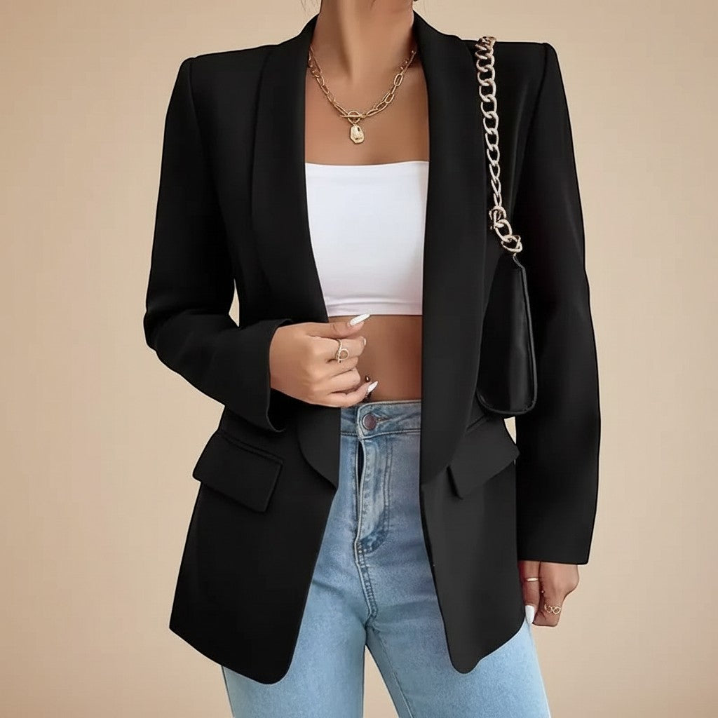 Yemelia black open front tailored blazer with slim fit, clean lapels, and front pockets. Smooth structured fabric.