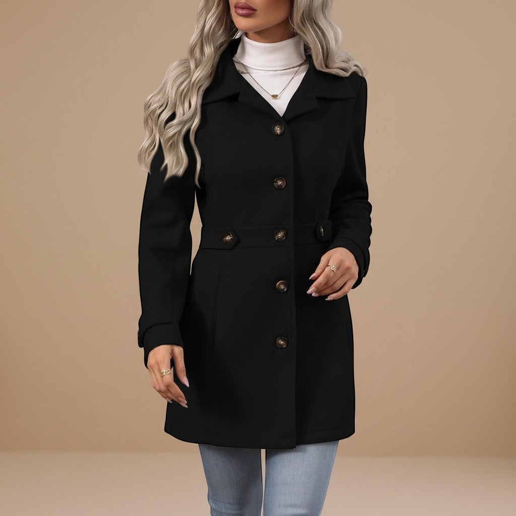 Yemelia black tailored mid-length coat with button front, classic collar, and waist belt.