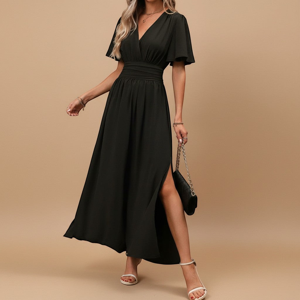 Yemelia black V-neck flutter sleeve maxi dress with defined waist and side slit