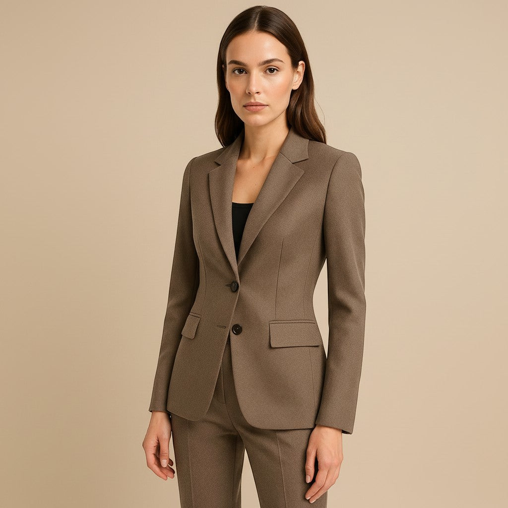Yemelia brown tailored single-button blazer with notched lapels and flap pockets, made from smooth structured fabric.