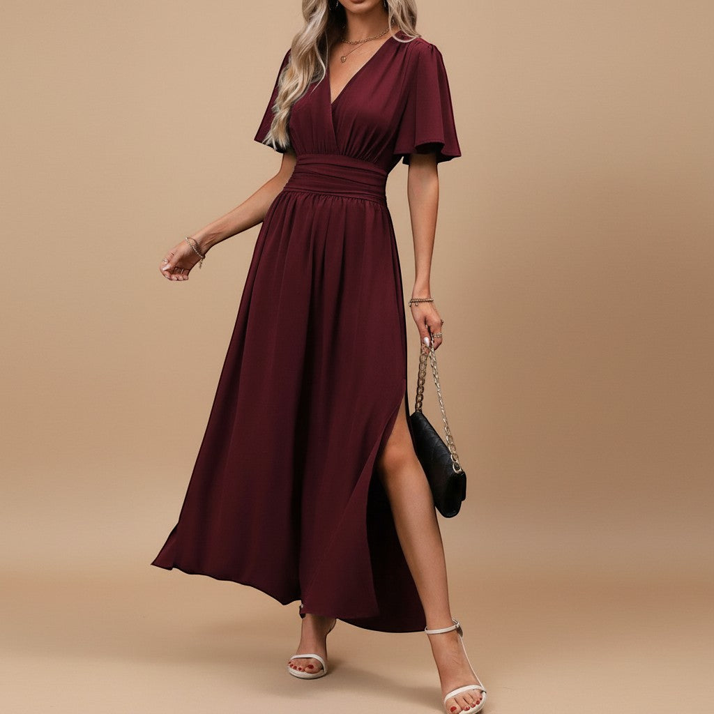 Yemelia burgundy V neck flutter sleeve maxi dress with defined waist and side slit