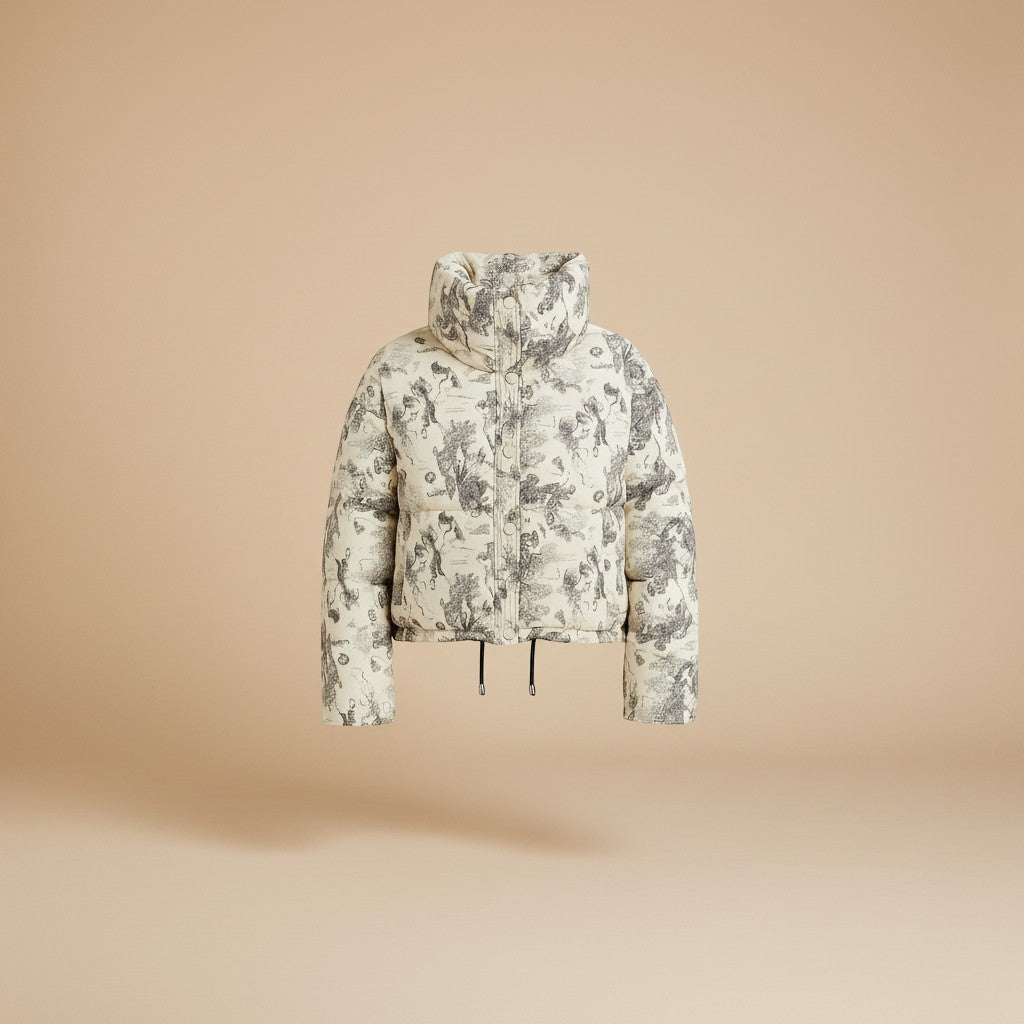 Yemelia cream puffer jacket with black toile print, high neck, cropped fit, and button front.
