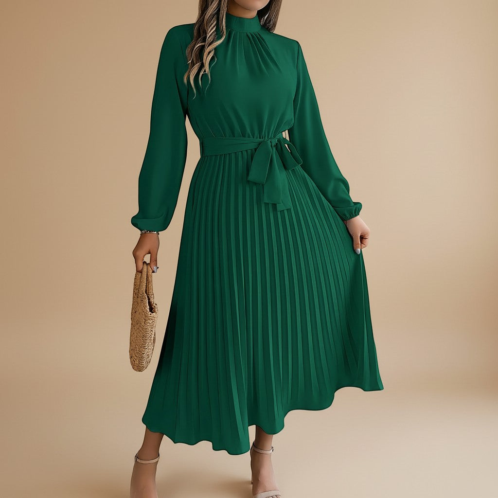 Yemelia green long sleeve high neck pleated midi dress with waist tie, ideal for events.