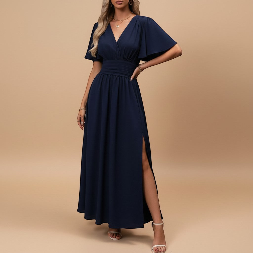 Yemelia navy blue V neck flutter sleeve maxi dress with defined waist and high slits.