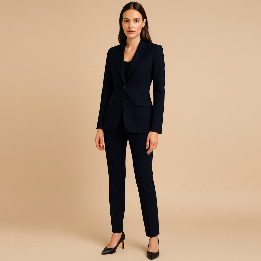 Yemelia navy blue tailored single button blazer with notched lapel and flap pockets, made from smooth structured fabric.