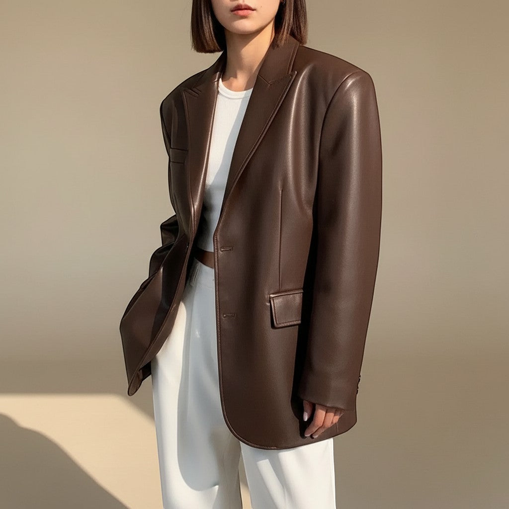 Yemelia oversized dark brown faux leather blazer with structured shoulders and classic lapels.