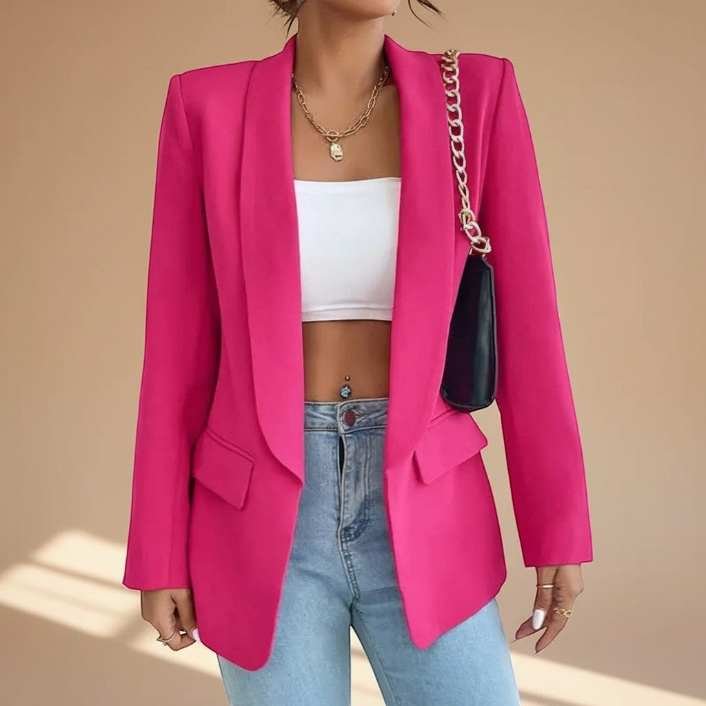 Yemelia bright pink open front tailored blazer with slim fit and functional front pockets.