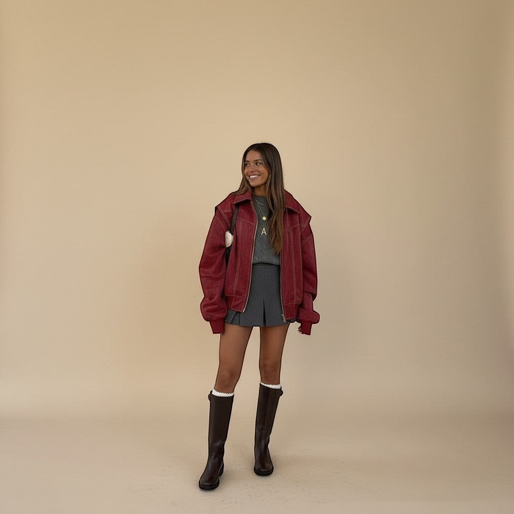 Yemelia red faux leather bomber jacket with zip front, ribbed trim, and structured silhouette.