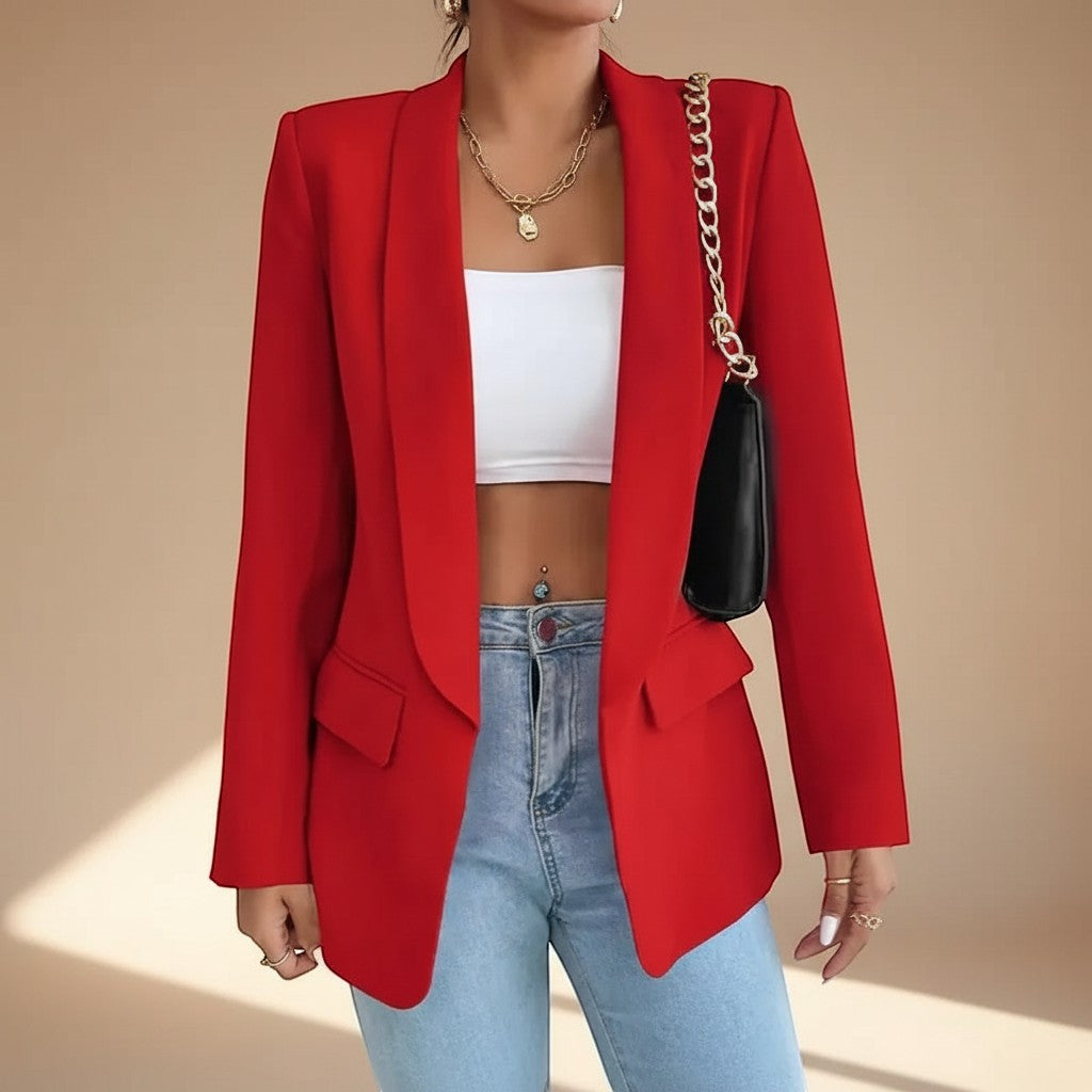 Yemelia red open front tailored blazer with slim fit and front pockets. Smooth structured fabric.