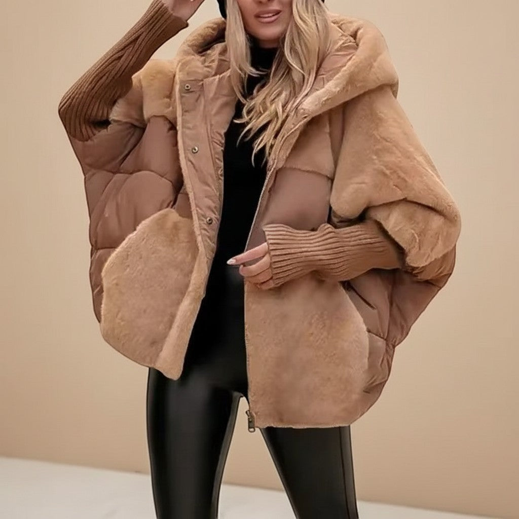 Yemelia oversized hooded puffer jacket in tan with faux fur accents and ribbed knit sleeves. Textured finish.